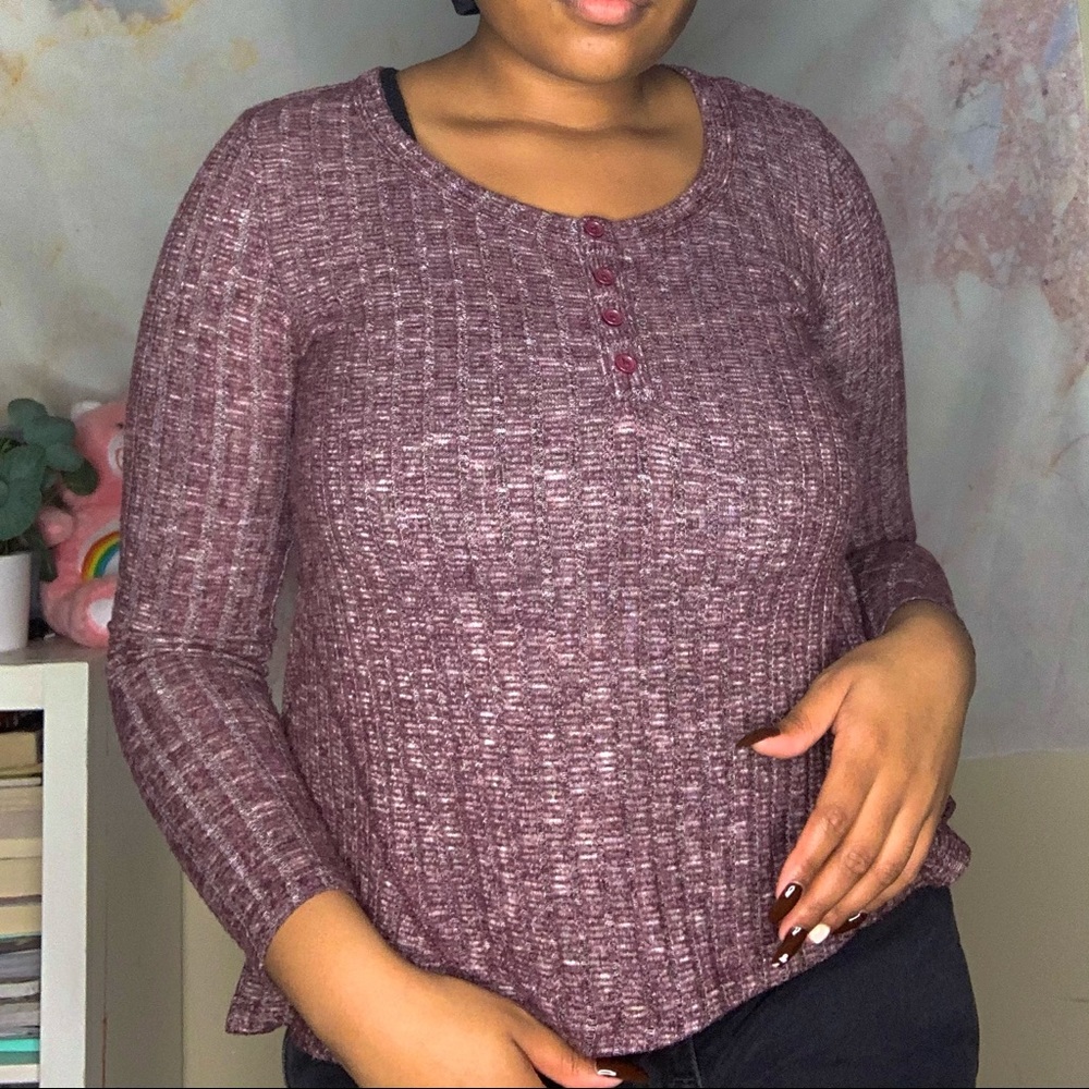 Soft Faux Button Blouse - Purple Long Sleeve Top